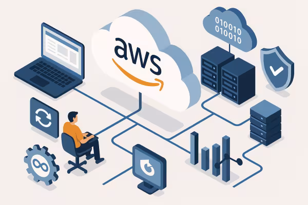 Illustration AWS : cloud computing avec serveurs, sécurité, DevOps et gestion des données