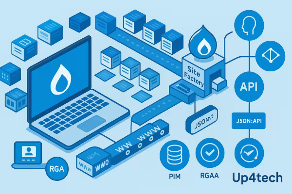 Illustration Drupal : usine à sites et architecture multisites, intégrations API, PIM et conformité RGAA