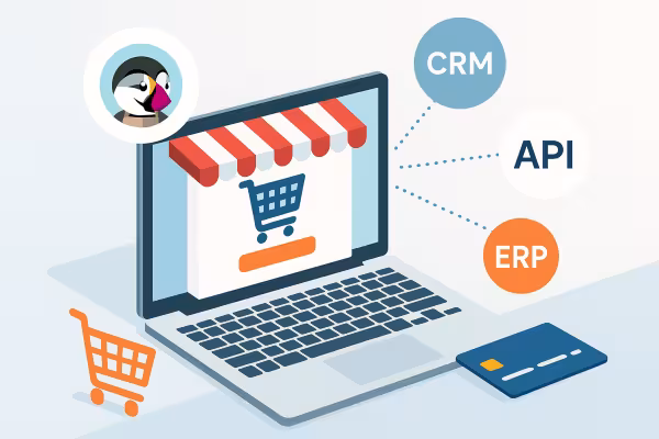 Illustration PrestaShop : boutique en ligne sur ordinateur portable connectée aux systèmes CRM, ERP et API